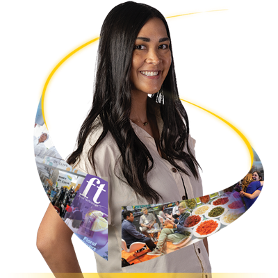 Woman smiling with a food industry collage swirling around her