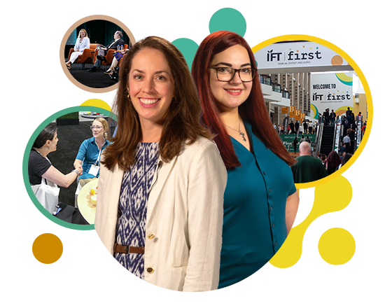 IFT Membership Types bubble graphic with two women in center surrounded by IFT FIRST speakers, attendees, and exhibitors