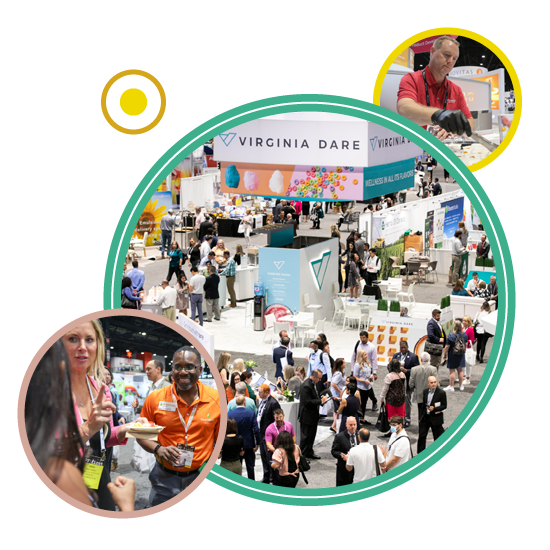 IFT FIRST Expo Experience bubble graphic of attendees and exhibitor booths on a busy expo floor