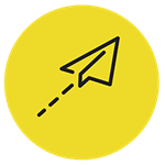 IFT FIRST Startup Pavilion yellow icon with illustration of a flying paper airplane