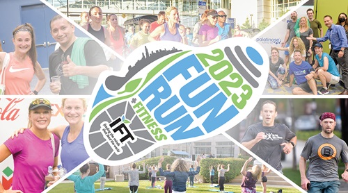 IFT 2023 Fun Run + Fitness shoe graphic with smiling runners and a yoga class outside