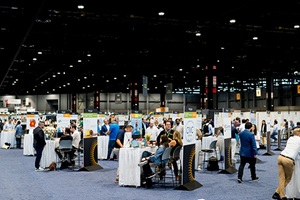 Rows of Startup Pavilion booths in the expo hall at IFT FIRST
