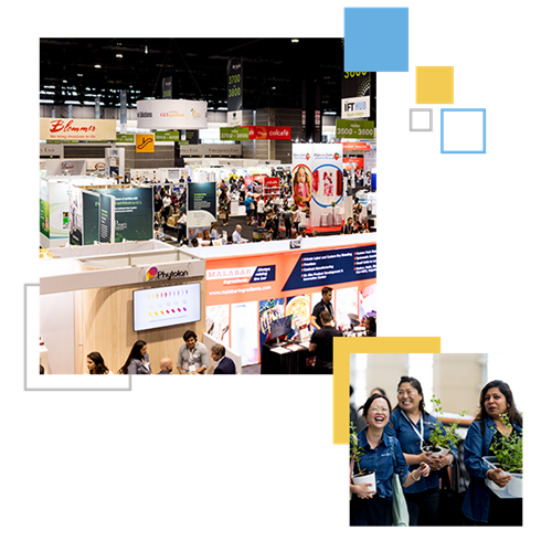 IFT FIRST expo floor filled with exhibitor booths. 3 exhibitors holding plants. Square graphics.