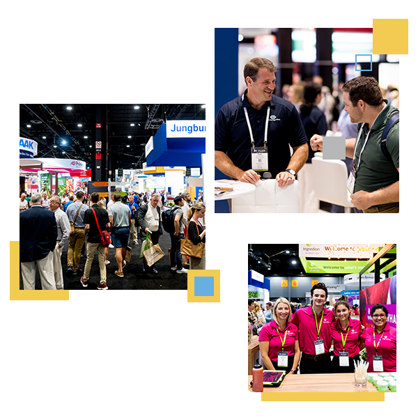 Three square images of a bustling expo floor, an exhibitor speaking with an attendee, and an exhibitor team smiling at IFT FIRST.