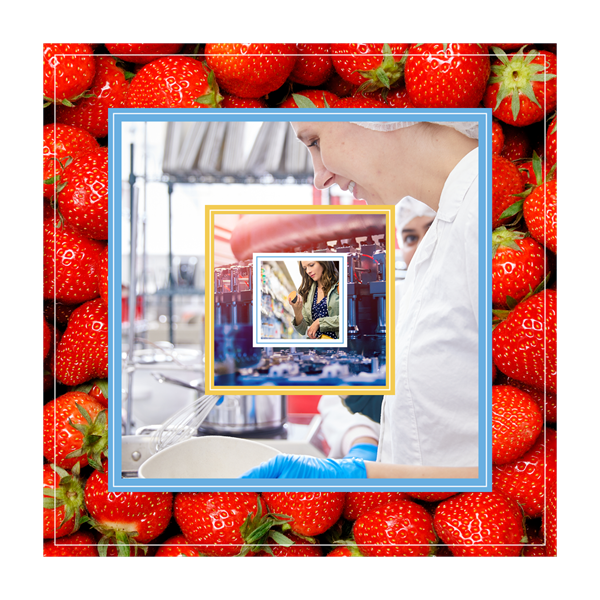 Strawberries, food scientists, lab equipment, and a person shopping in a grocery store