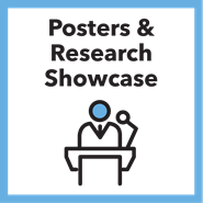 Posters & Research Showcase icon with a speaker at a podium illustration