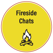 Fireside Chats yellow icon with campfire illustration