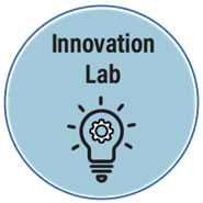 Innovation Lab blue icon with light bulb illustration