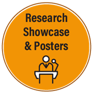 Research Showcase & Posters orange icon with presenter illustration