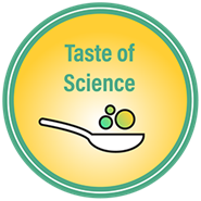 Science FIRST Taste of Science yellow and green icon with graphic of a spoon and molecules
