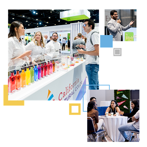 Exhibitors sharing samples at their booth, a startup pitching on stage, and students chatting in the student lounge at IFT FIRST