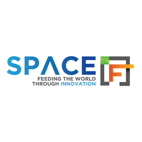 SPACE-F Feeding the World through Innovation logo in blue, orange, grey, and green.