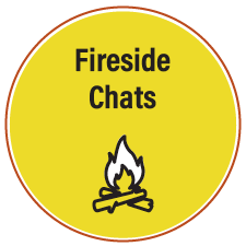 Fireside Chats yellow icon with campfire illustration